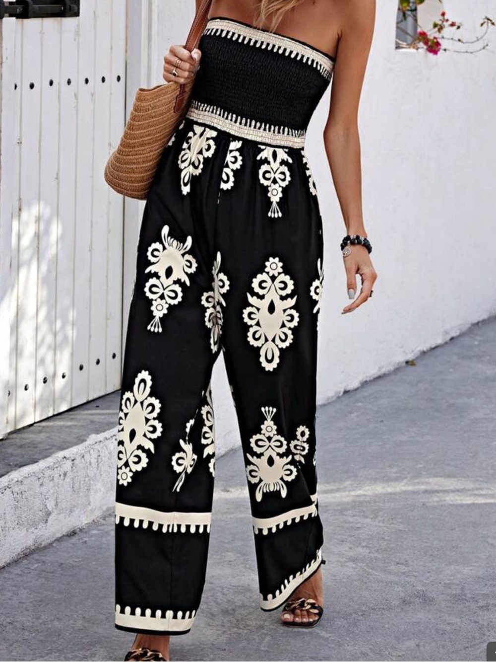 Strapless Black Maxi Jumpsuit with White Floral Embroidery